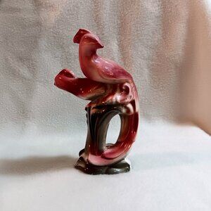 L.A. Pottery birds w/ crests figurine rose & olive green MCM